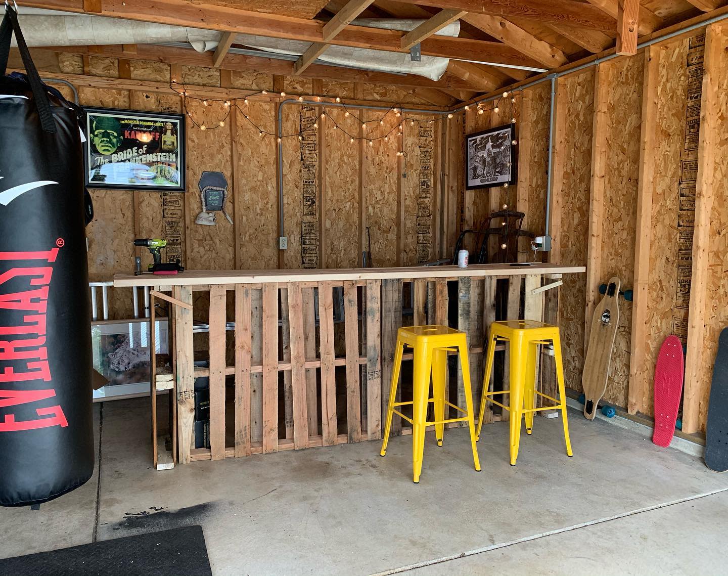 basic wood pallet bar yellow stools boxing bag